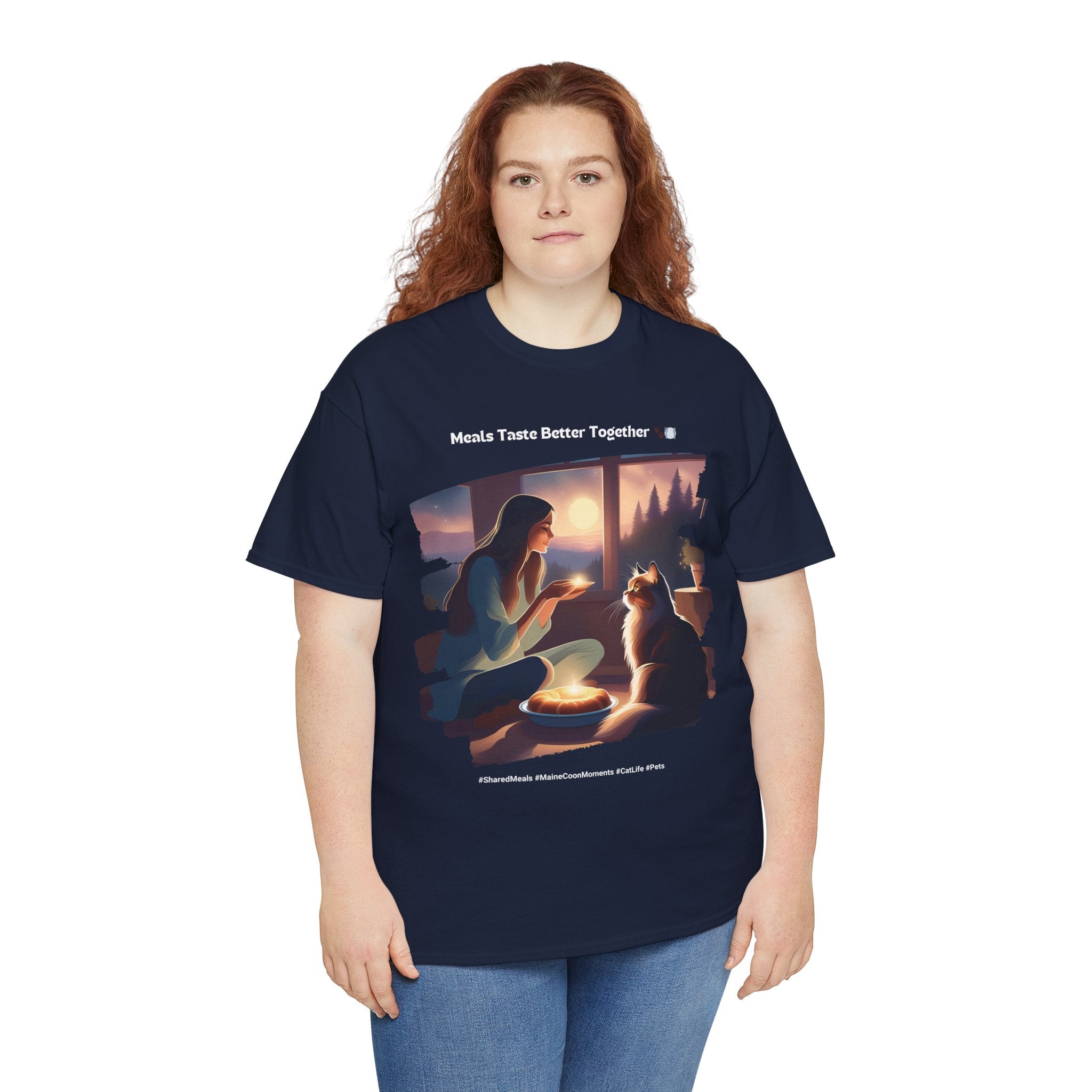 Women’s “Meals Taste Better Together” Maine Coon T‑Shirt – Meal Buddy Cat Gift