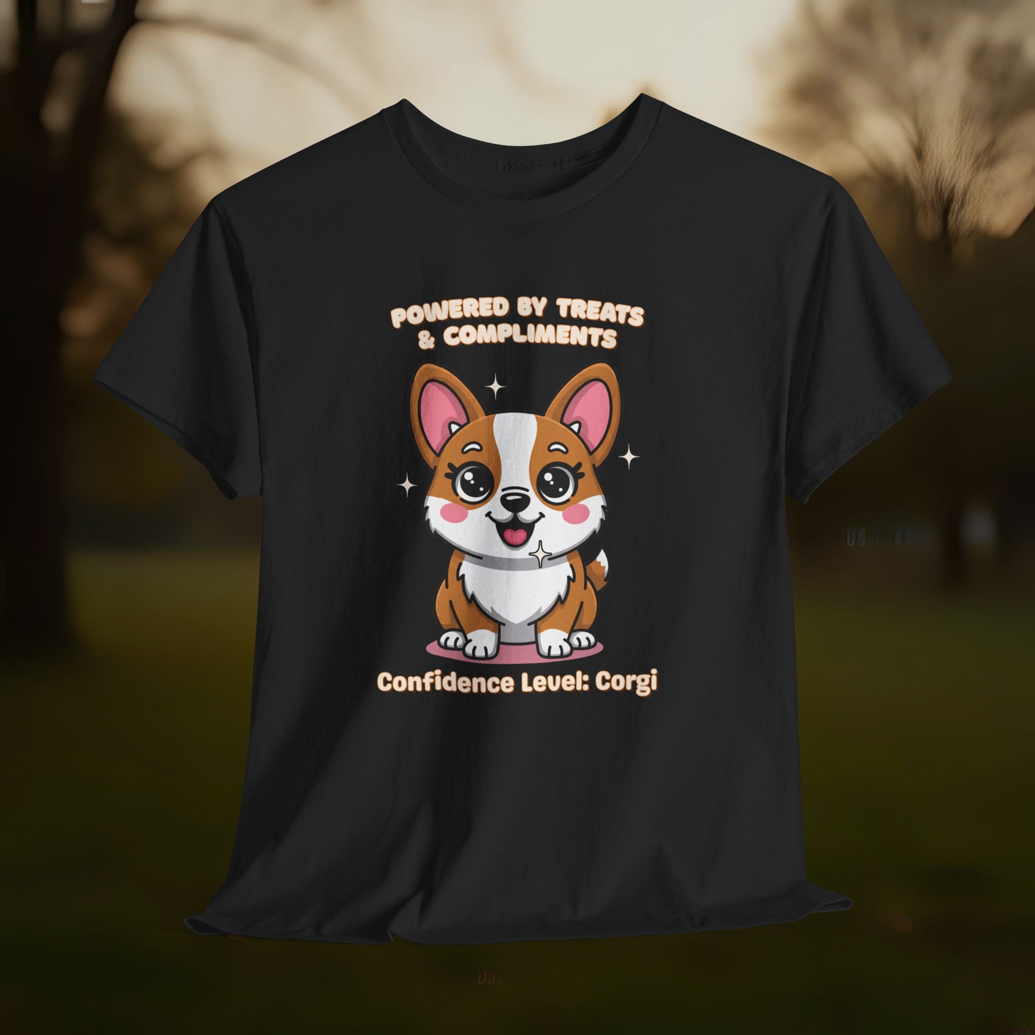 Unisex T-Shirt – Powered by Treats & Compliments: Corgi Everyday Moments Edition