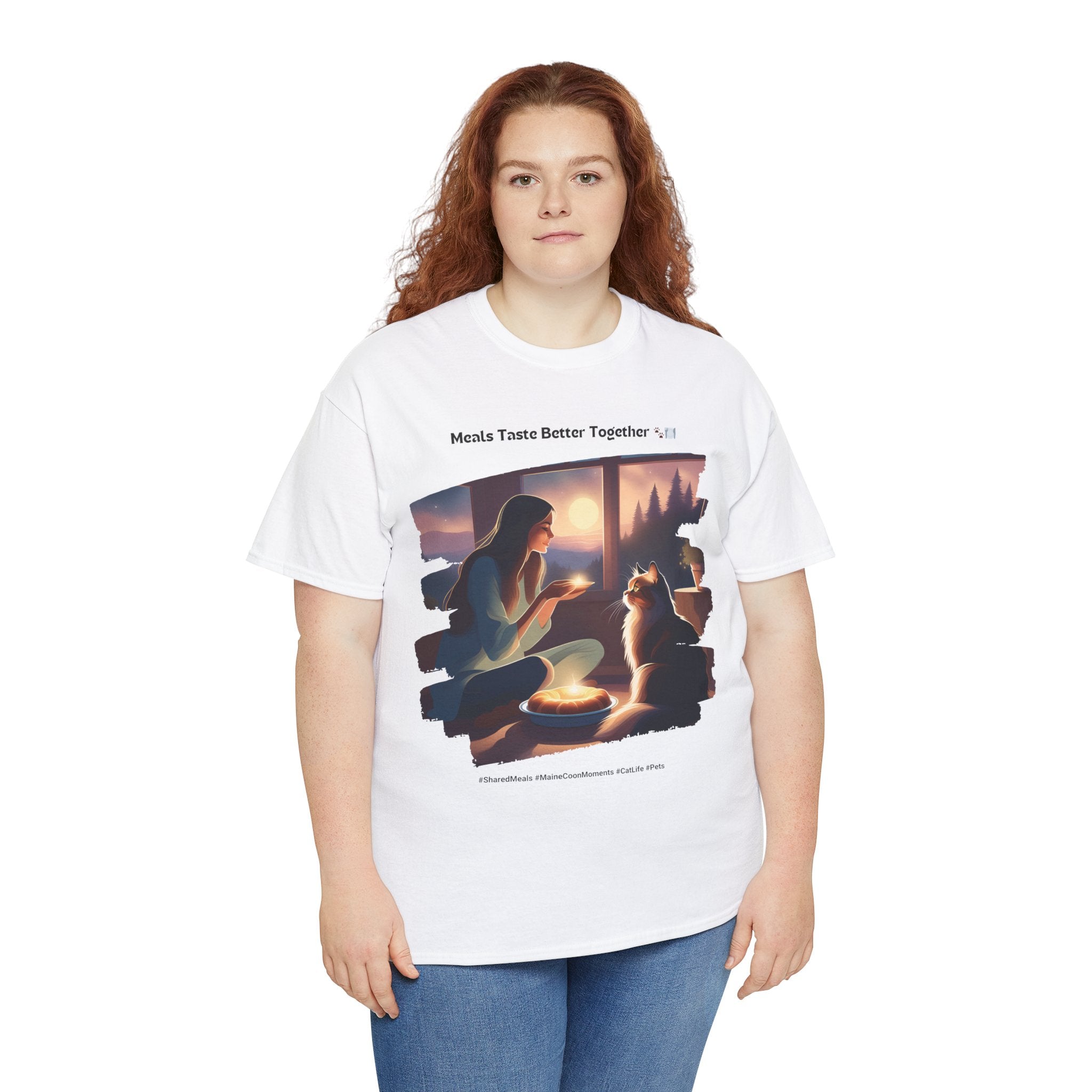 Women’s “Meals Taste Better Together” Maine Coon T‑Shirt – Meal Buddy Cat Gift