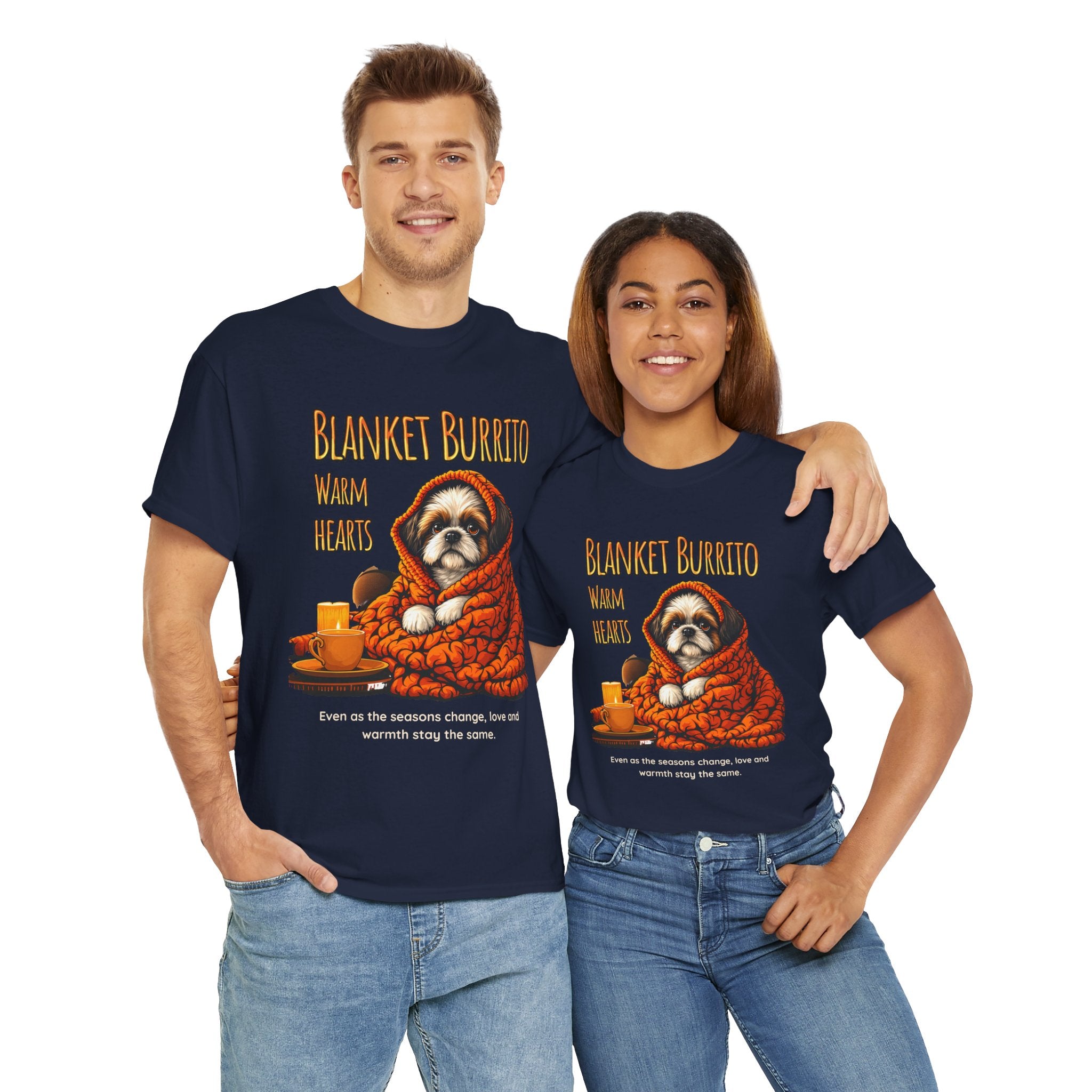 Unisex T-Shirt – Blanket Burrito, Warm Hearts: Cozy Fall Moments with Your Shih Tzu