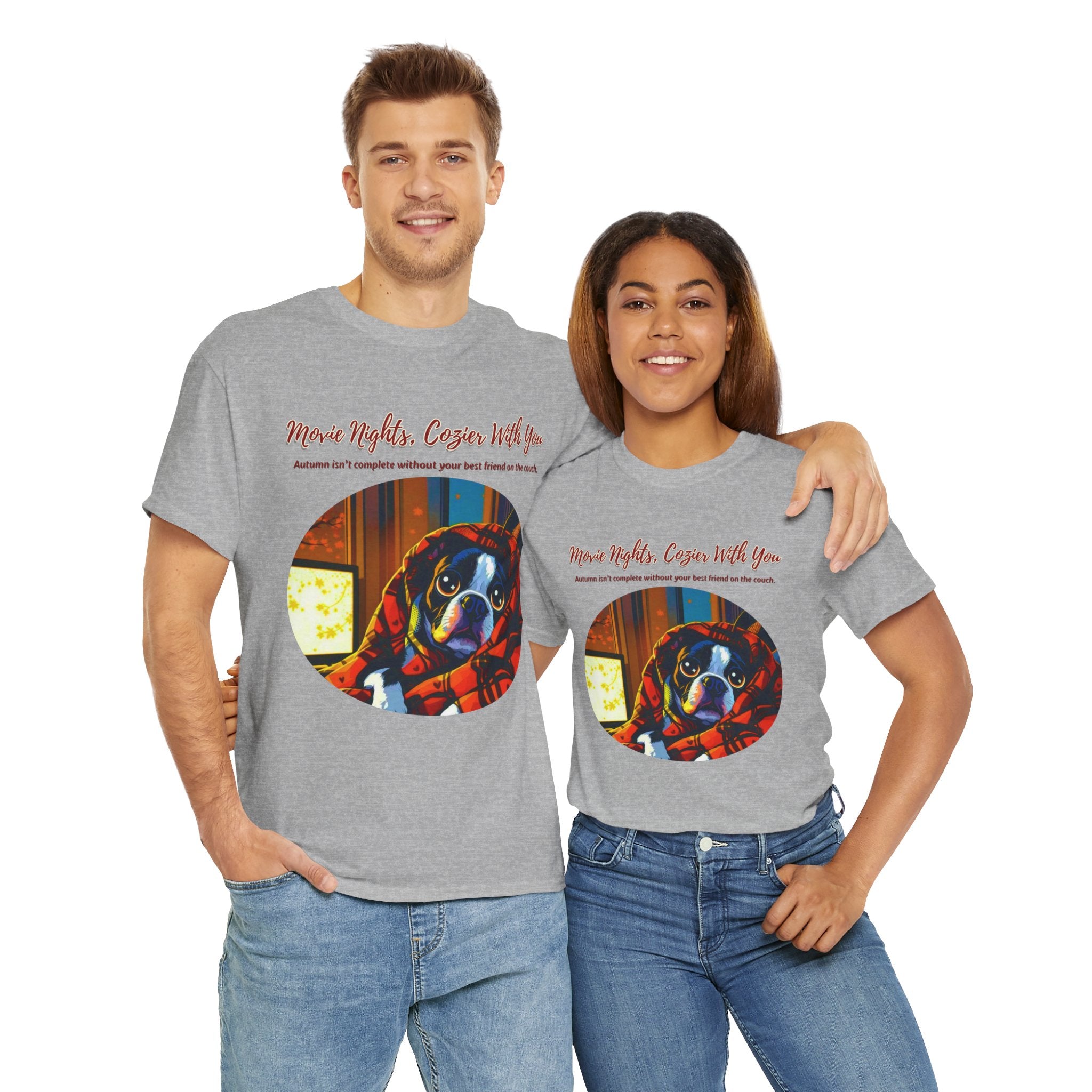 Unisex T-Shirt – Movie Nights, Cozier With You: Boston Terrier Fall Shirt