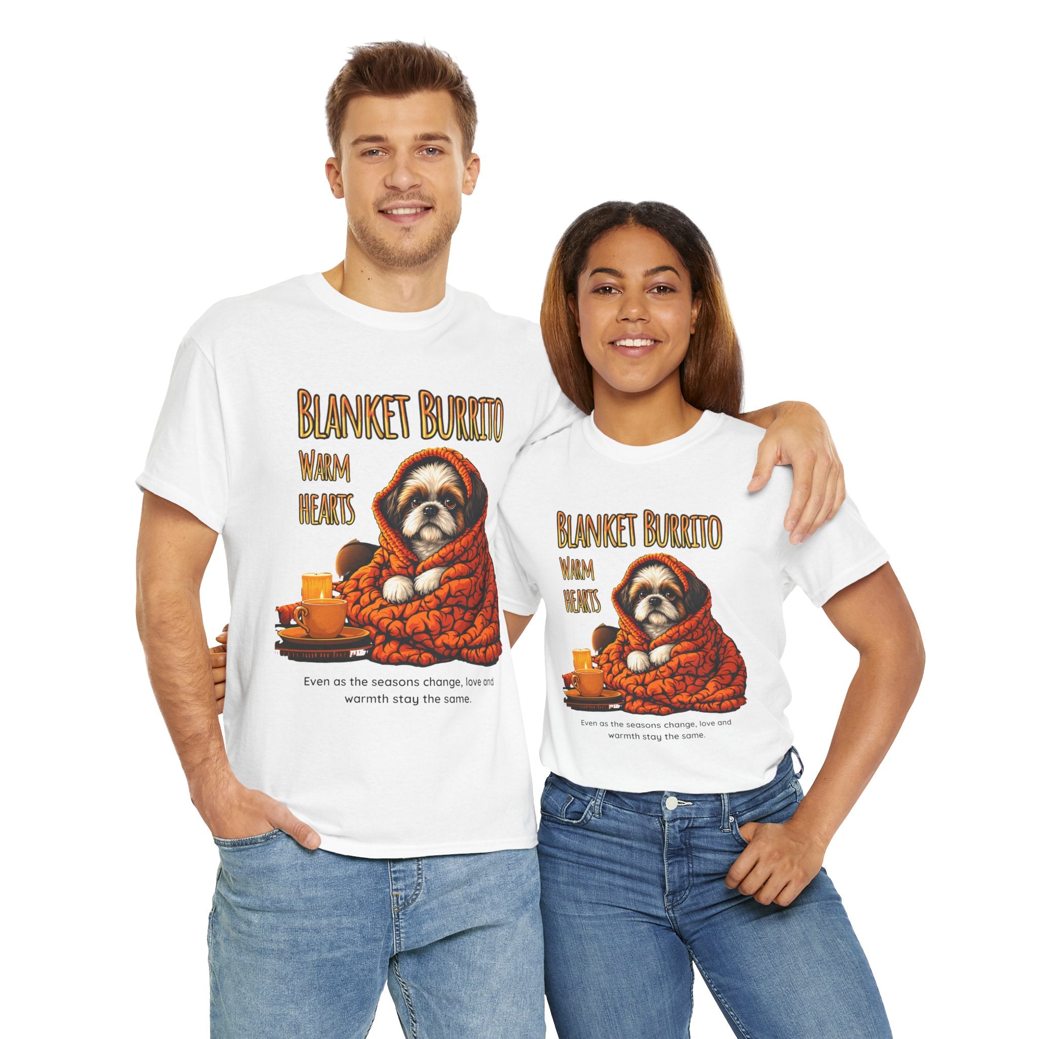 Unisex T-Shirt – Blanket Burrito, Warm Hearts: Cozy Fall Moments with Your Shih Tzu
