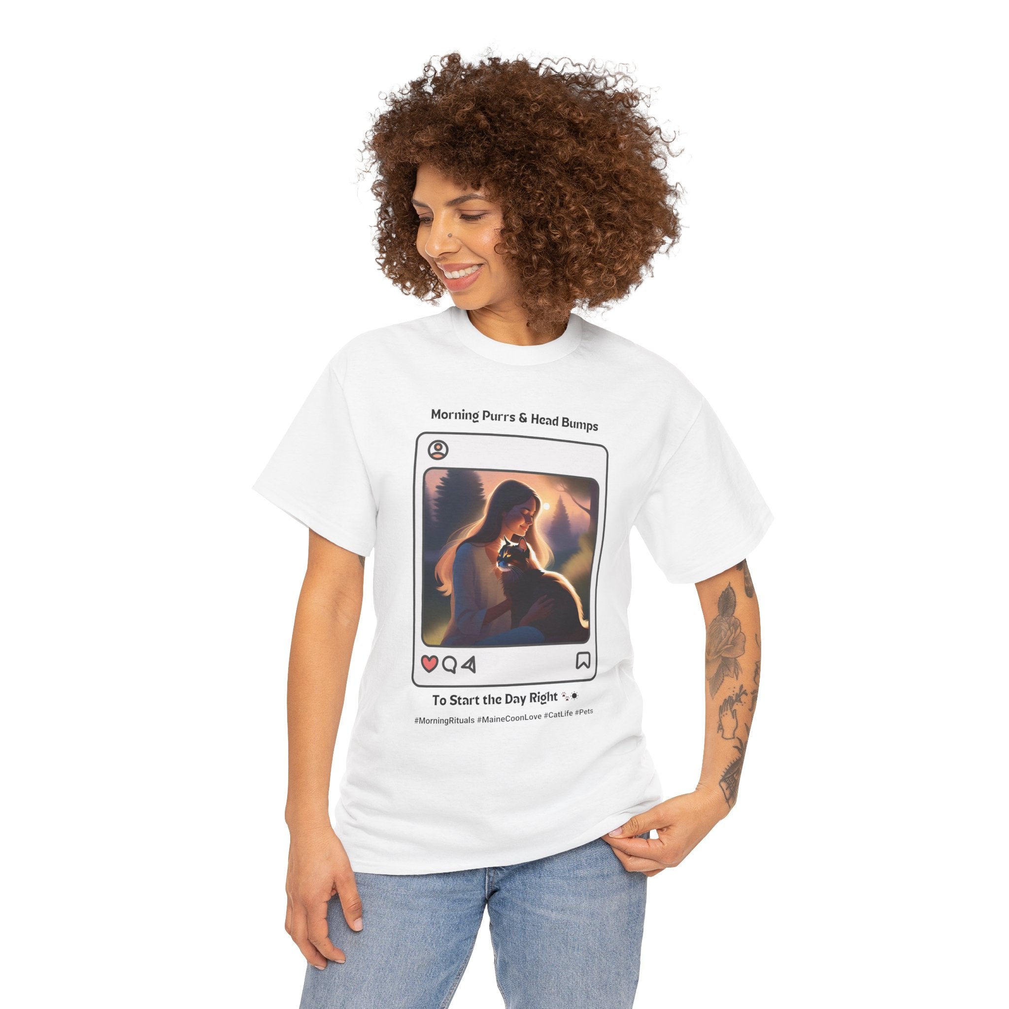 Women’s “Morning Purrs & Head Bumps” Maine Coon T‑Shirt – Uplifting Cat Mom Gift