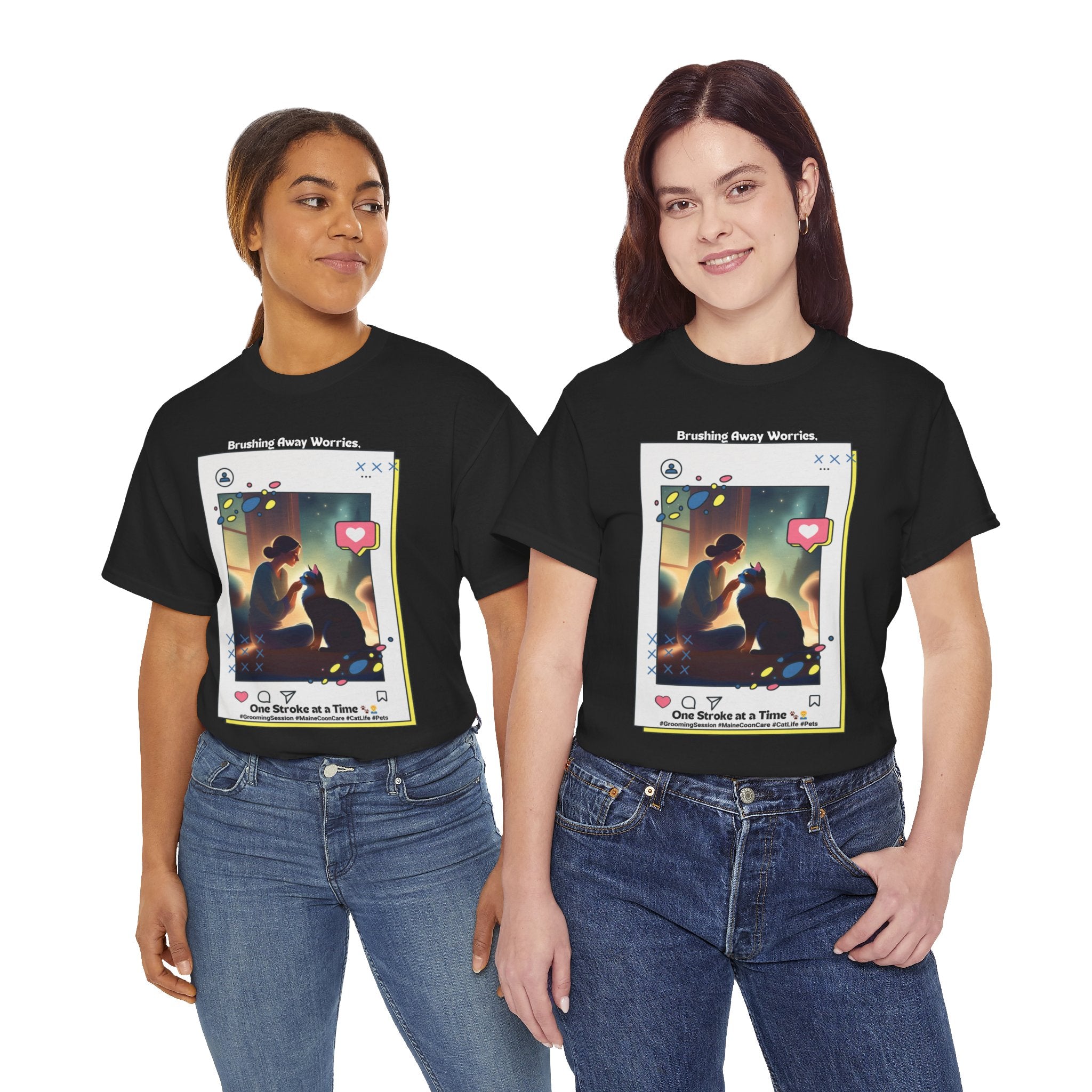 Women’s “Brushing Away Worries” Maine Coon T‑Shirt – Relaxing Grooming Tee