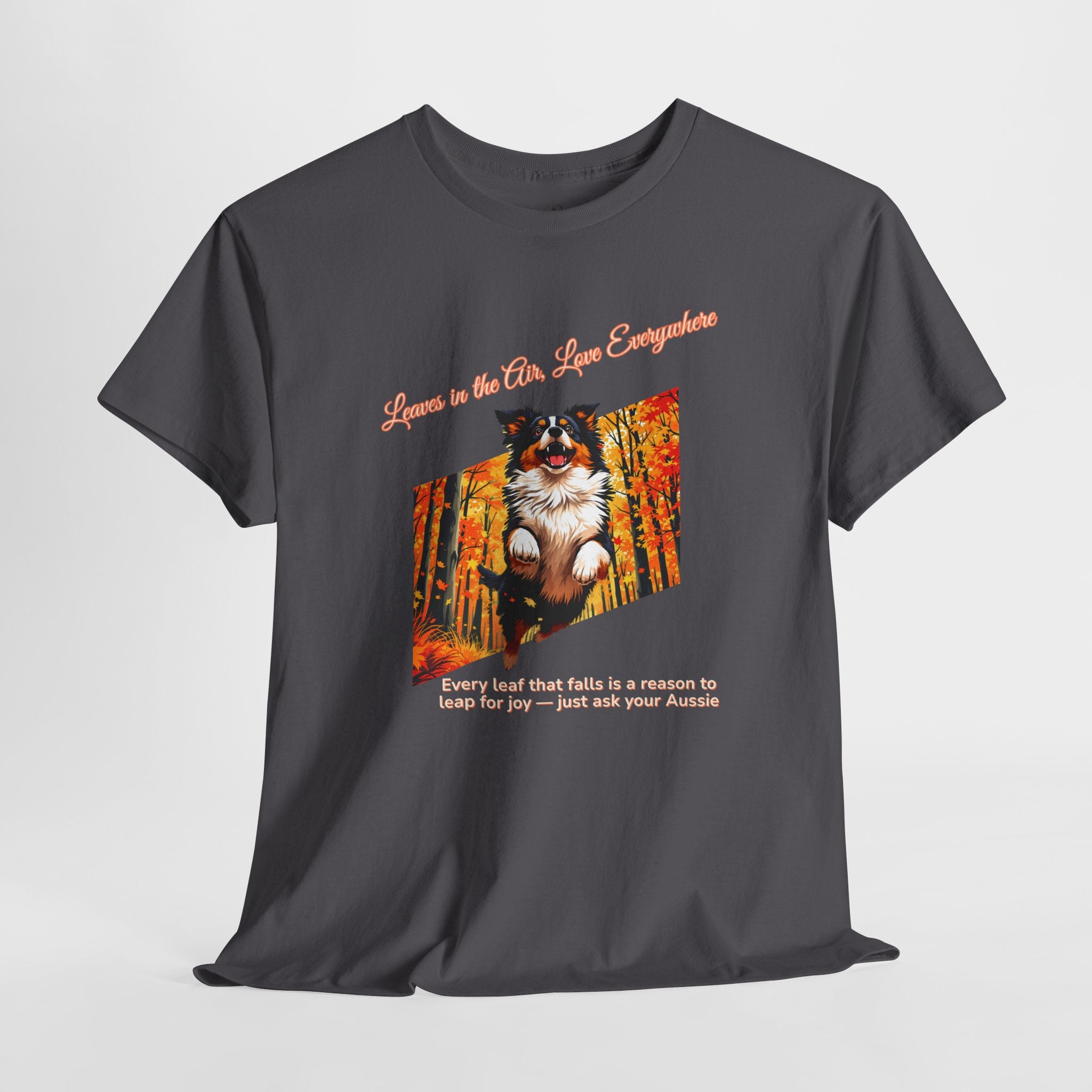 Unisex T-Shirt – Leaves in the Air, Love Everywhere: Australian Shepherd Autumn Shirt