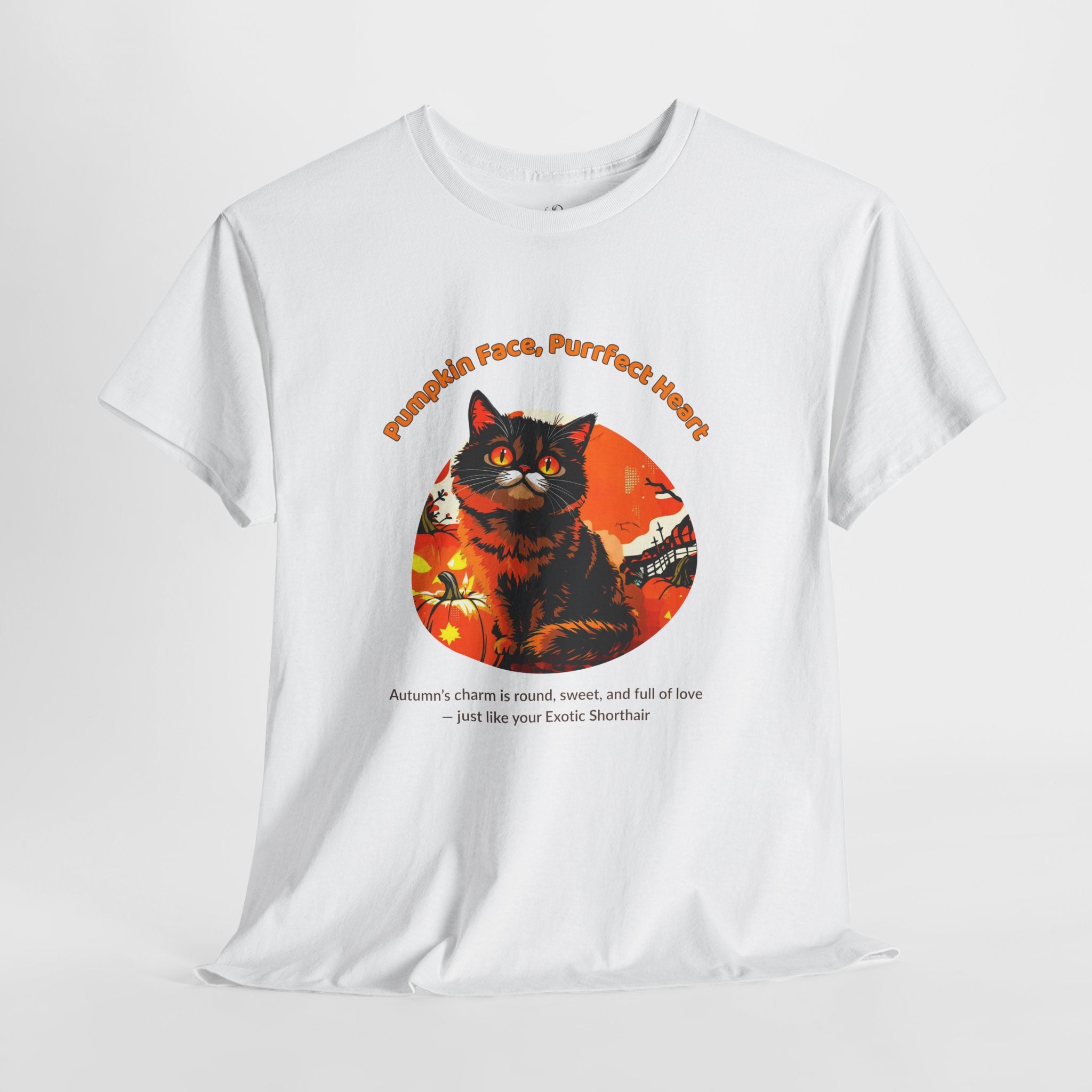 Unisex T-Shirt – Pumpkin Face, Purrfect Heart: Exotic Shorthair Fall Shirt
