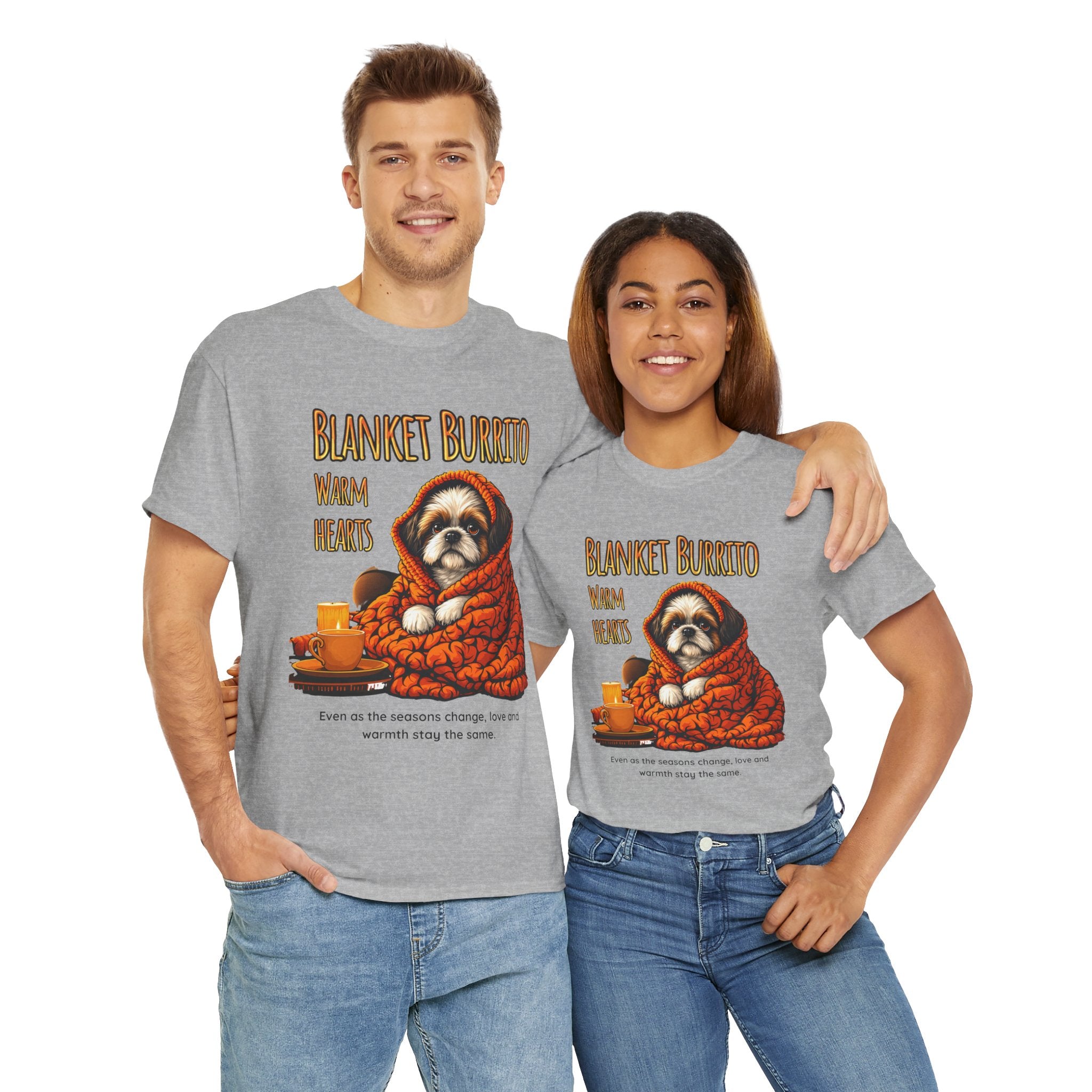 Unisex T-Shirt – Blanket Burrito, Warm Hearts: Cozy Fall Moments with Your Shih Tzu