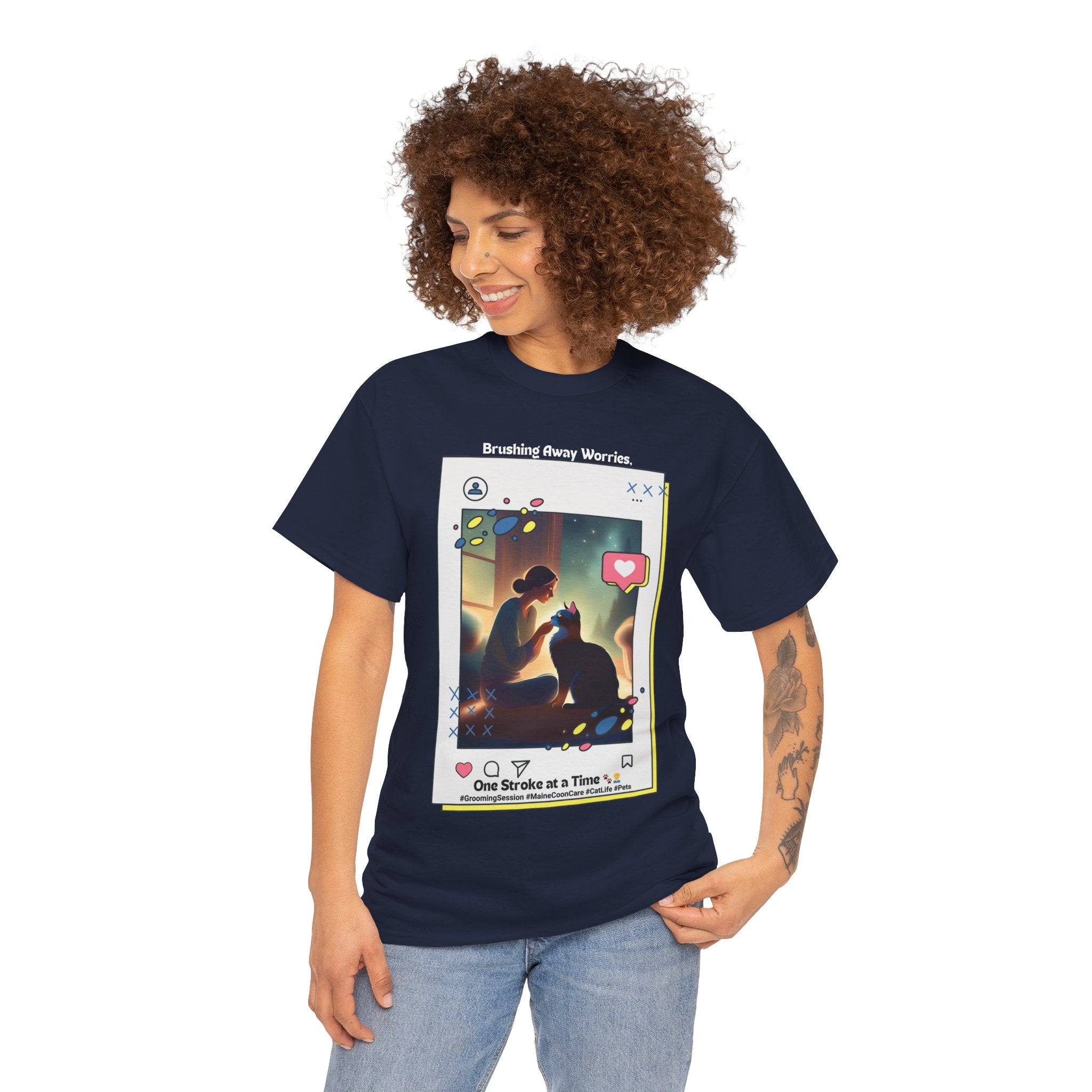 Women’s “Brushing Away Worries” Maine Coon T‑Shirt – Relaxing Grooming Tee