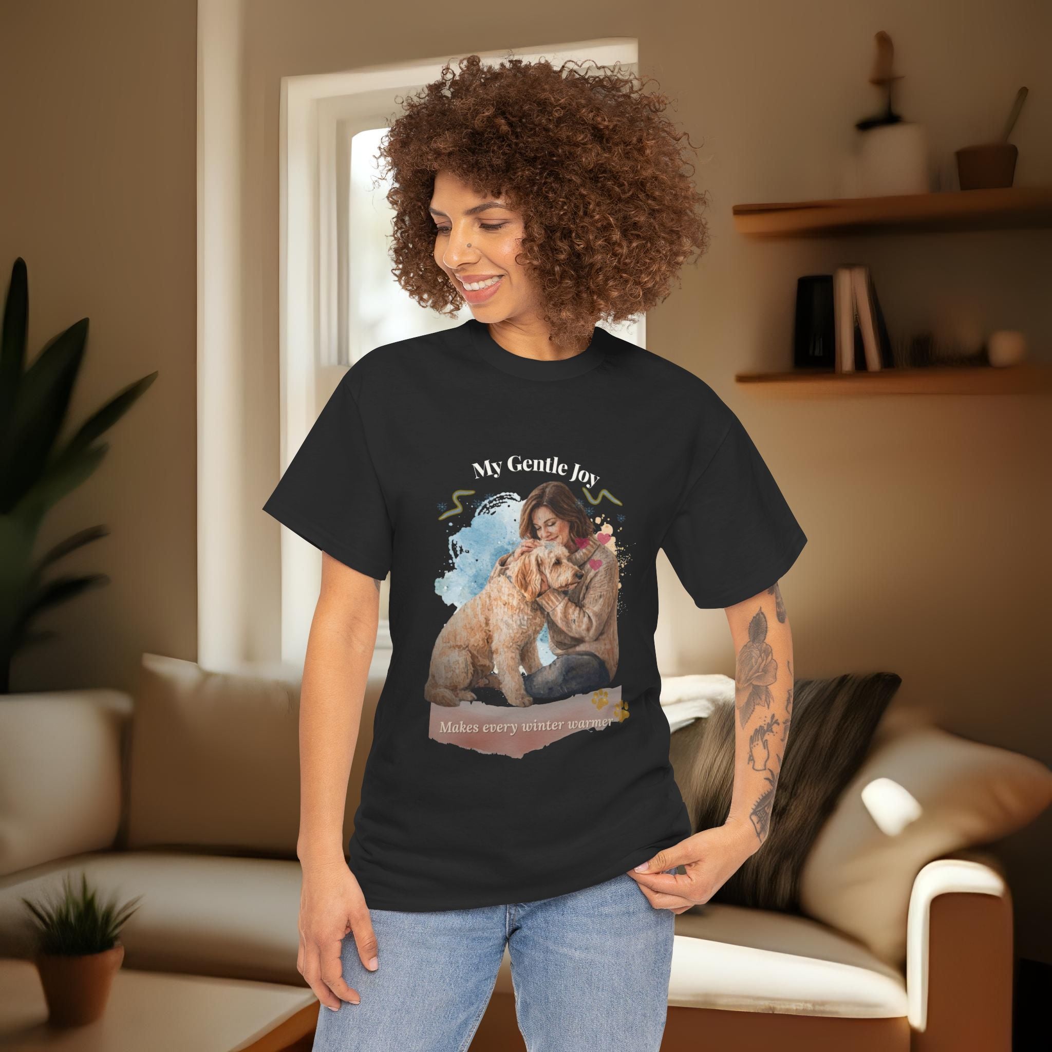 Unisex Personalized T-Shirt – My Gentle Joy: Custom Doodle (Goldendoodle/Labradoodle) Watercolor Winter Portrait