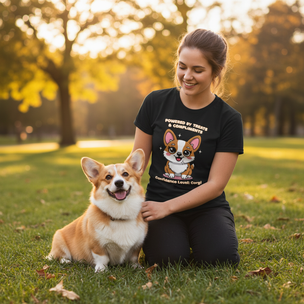 Unisex T-Shirt – Powered by Treats & Compliments: Corgi Everyday Moments Edition
