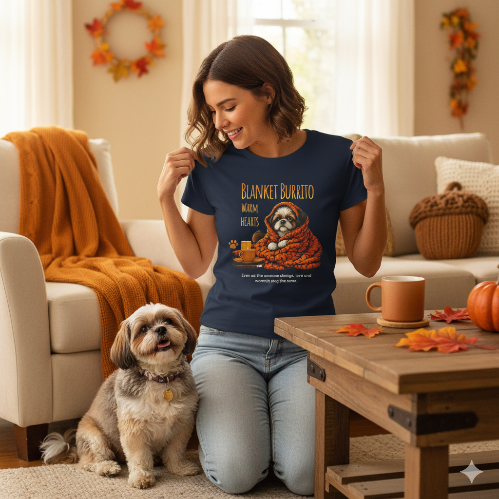 Unisex T-Shirt – Blanket Burrito, Warm Hearts: Cozy Fall Moments with Your Shih Tzu