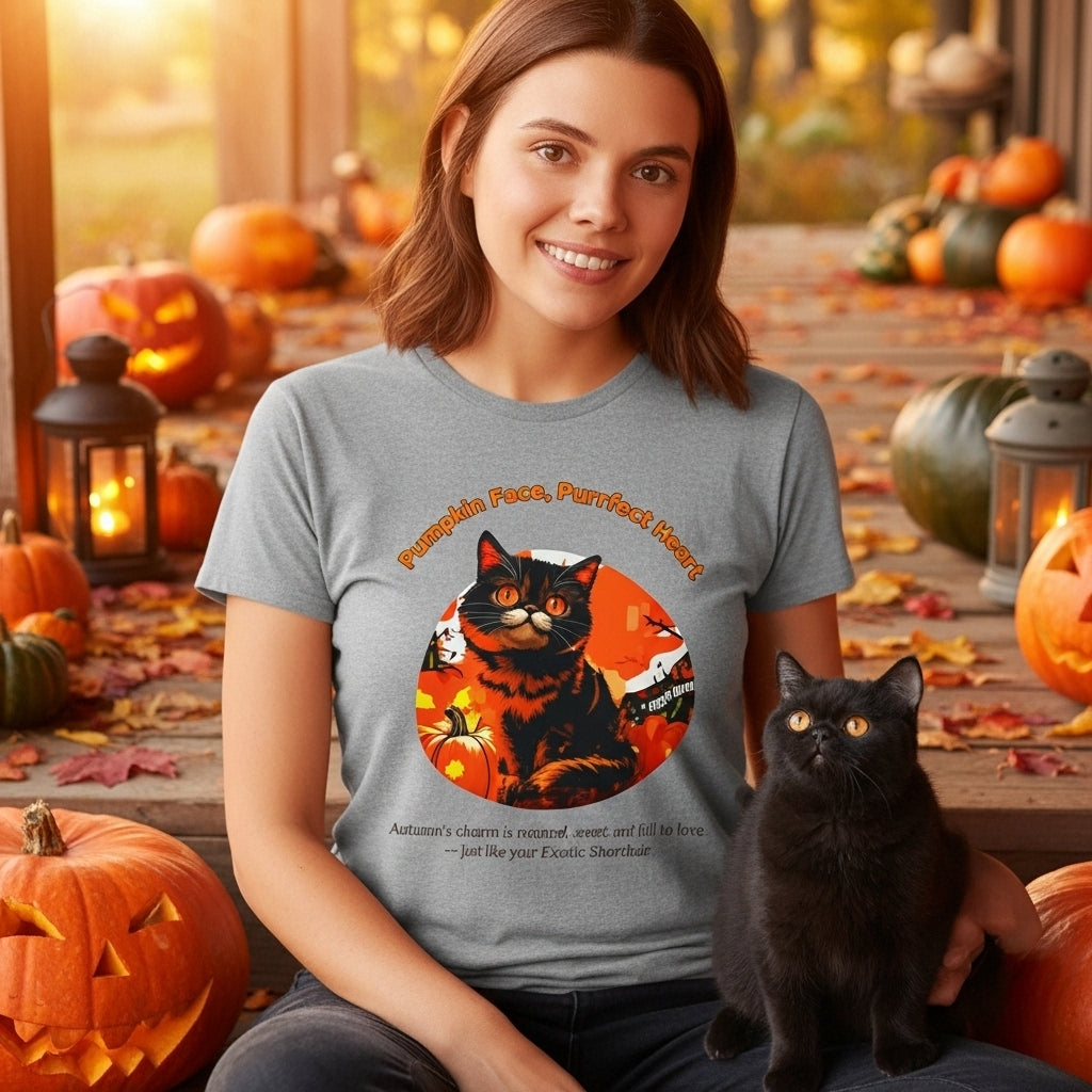 Unisex T-Shirt – Pumpkin Face, Purrfect Heart: Exotic Shorthair Fall Shirt