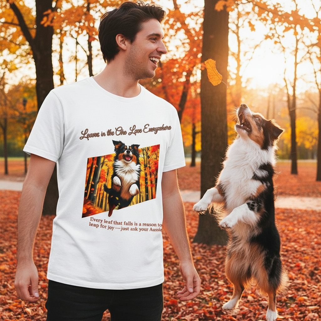 Unisex T-Shirt – Leaves in the Air, Love Everywhere: Australian Shepherd Autumn Shirt